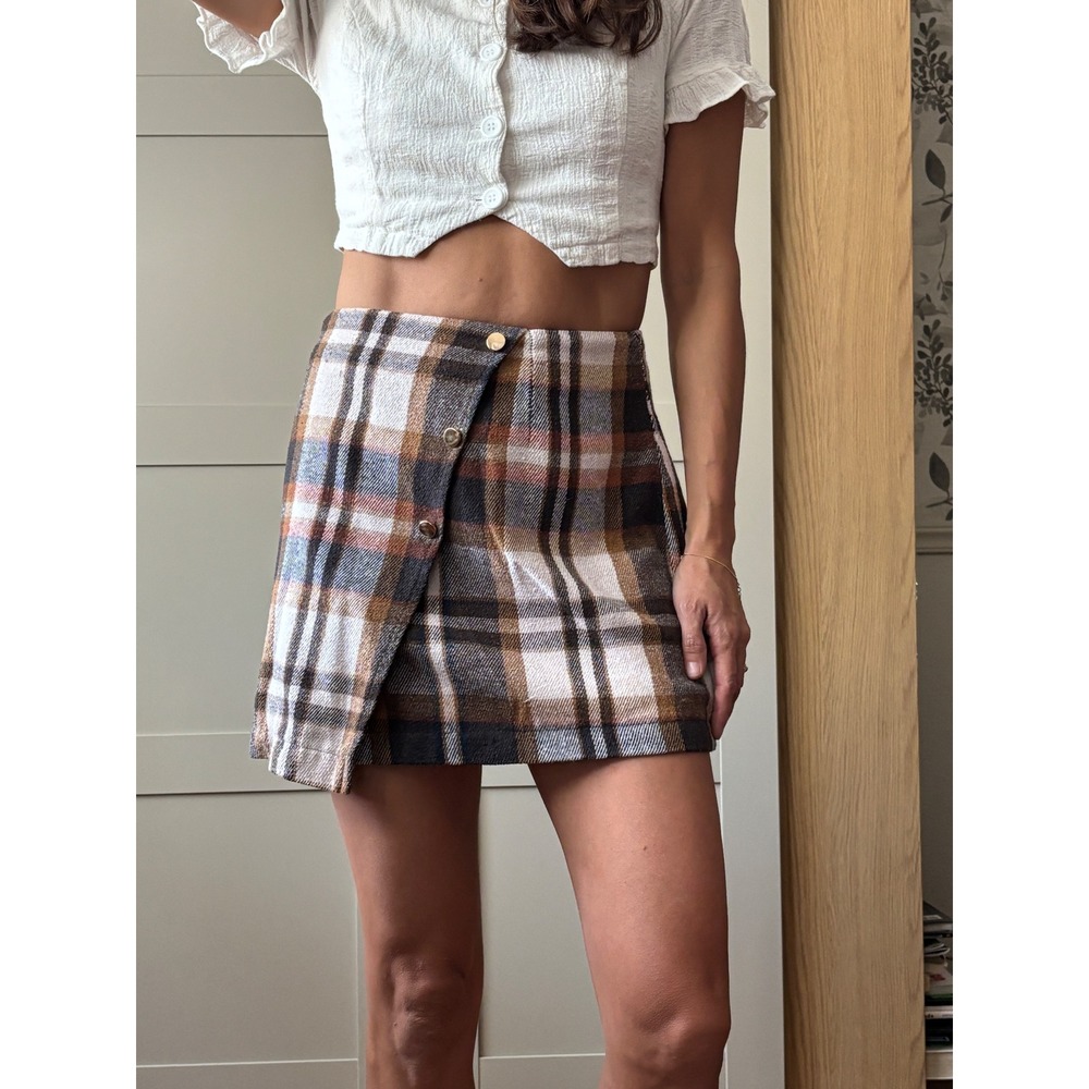 Brown Plaid Academia Preppy Twee Mini Skirt Wrap Button Detail Large